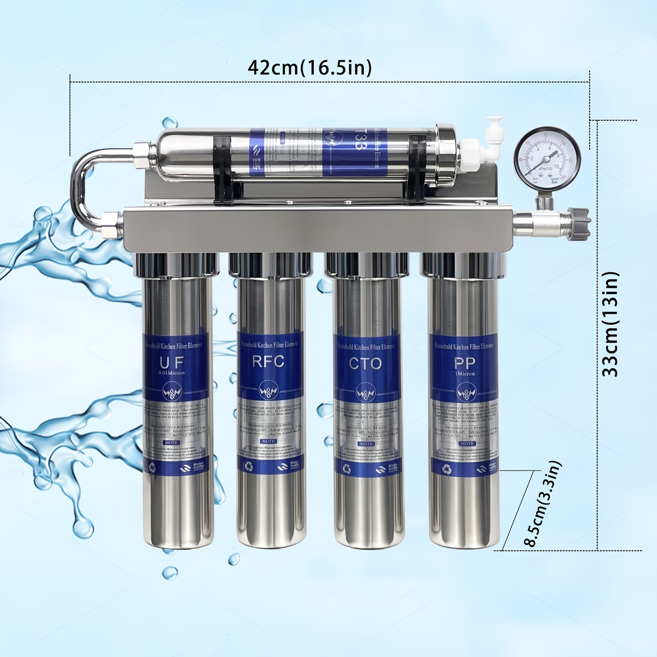 Huishoudelijk 5-traps Keukenwaterfilter Voorzien van een roestvrijstalen behuizing, ultrafiltratie en actieve koolstoffilters voor zacht, schoon en fris drinkwater. Betrouwbare filtratieoplossing voor een moderne en gezonde keuken.