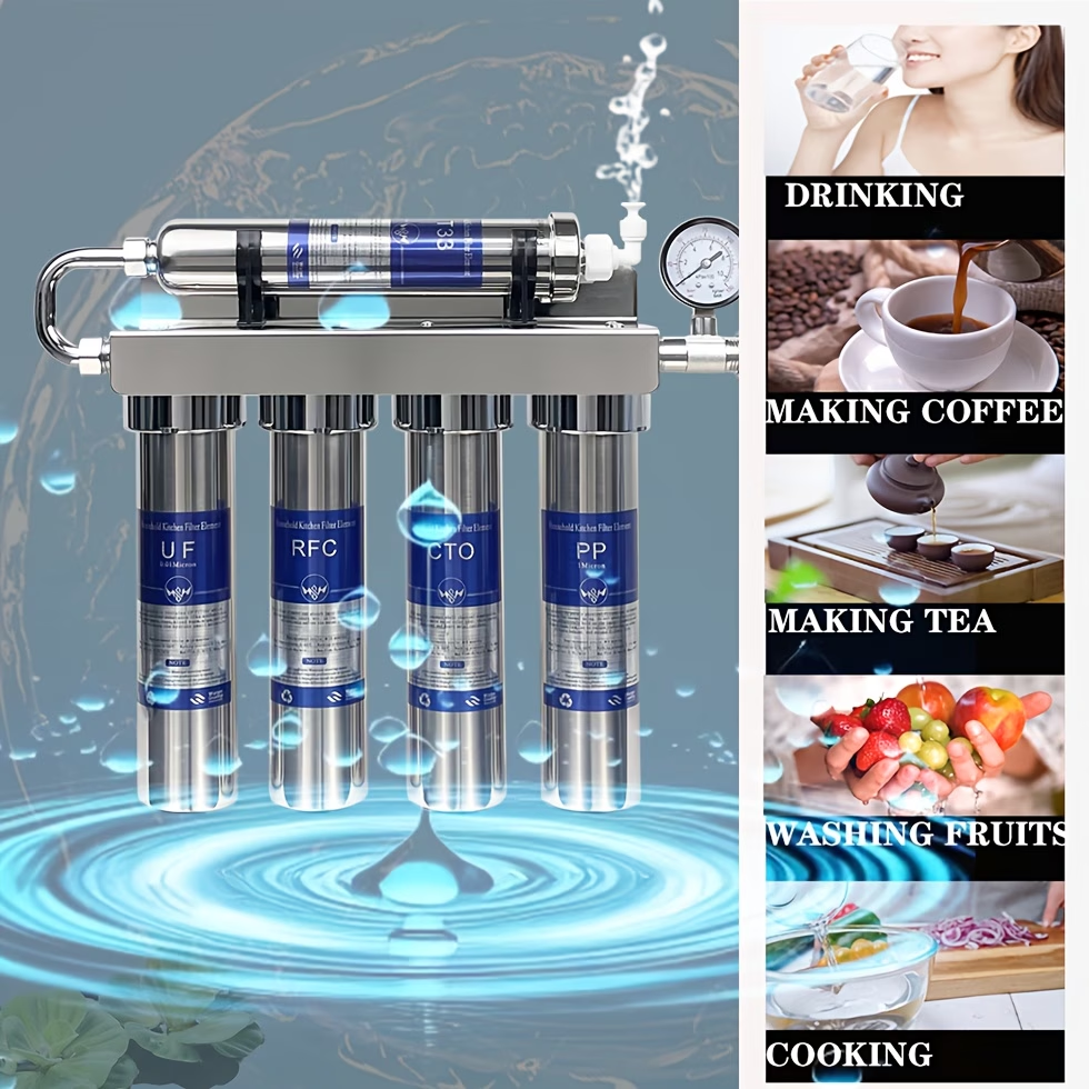 Huishoudelijk 5-traps Keukenwaterfilter Voorzien van een roestvrijstalen behuizing, ultrafiltratie en actieve koolstoffilters voor zacht, schoon en fris drinkwater. Betrouwbare filtratieoplossing voor een moderne en gezonde keuken.