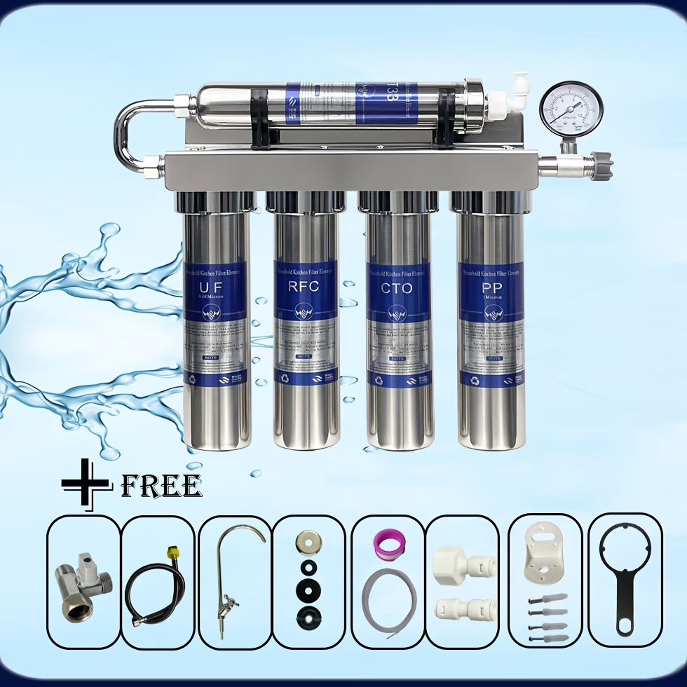 Huishoudelijk 5-traps Keukenwaterfilter Voorzien van een roestvrijstalen behuizing, ultrafiltratie en actieve koolstoffilters voor zacht, schoon en fris drinkwater. Betrouwbare filtratieoplossing voor een moderne en gezonde keuken.